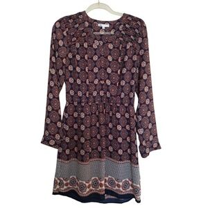 DR2 Dress Women's M‎ Orange Navy Long Sleeve Boho V-Neck Lined Floral Peasant